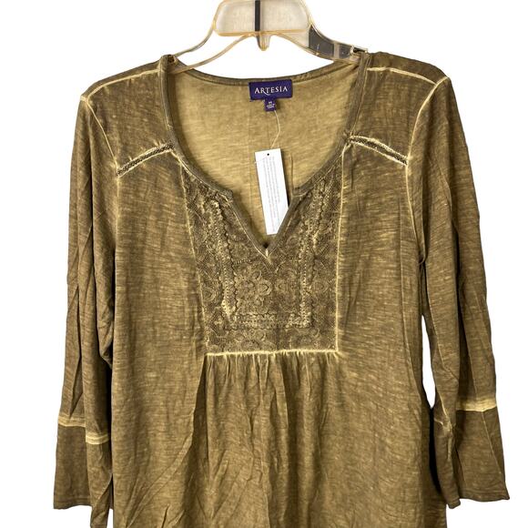 Artesia Lace Trim Green Distressed Tunic Boho Peasant Shirt - Picture 2 of 11